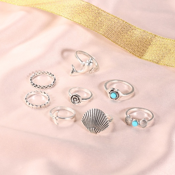 **EDWINA* 7-Pc Silver x Blue Shell Fashion Ring Set - Picture 3 of 7